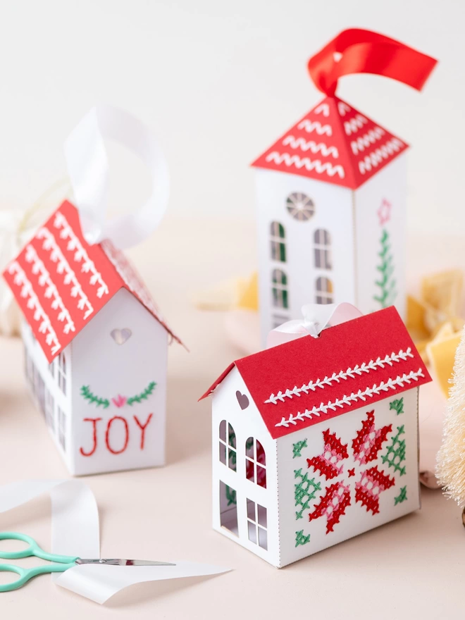 embroidery paper houses Christmas tree decoration DIY kit by My Papercut Forest