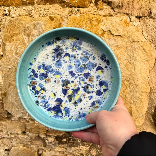 Shoreline Pasta Bowl, a colourful bowl held against a brick backdrop. 
