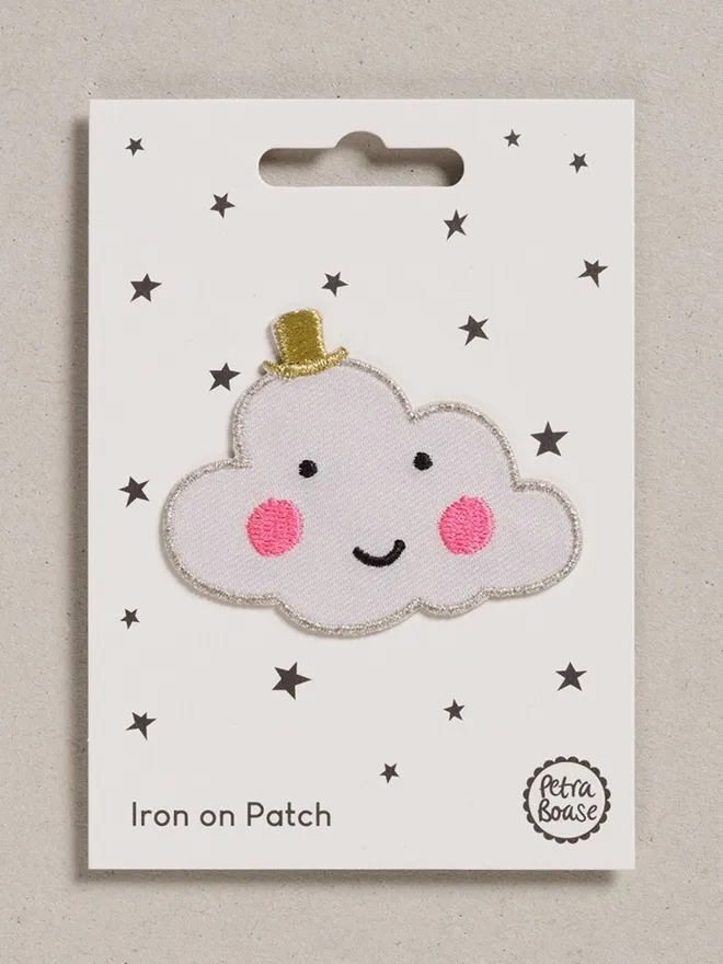 Cute cloud iron on embroidered fabric patch. 
