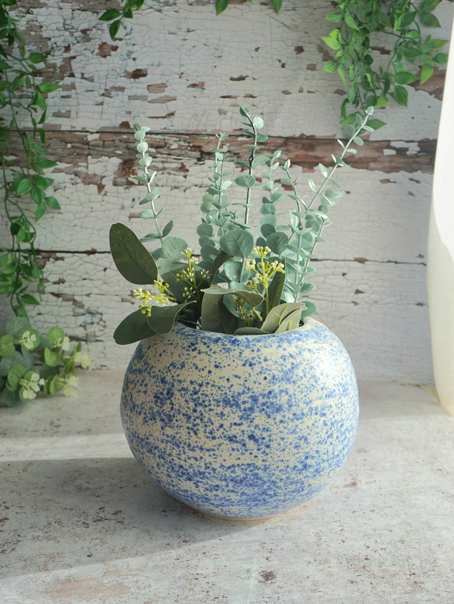 ceramic round vase, large ceramic vase, blue and white vase, Jenny Hopps Pottery, Durdle Door vase