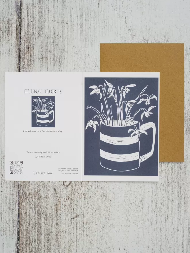 Greeting Card with an image of Snowdrop Flowers in a Cornishware Mug taken from an original lino print