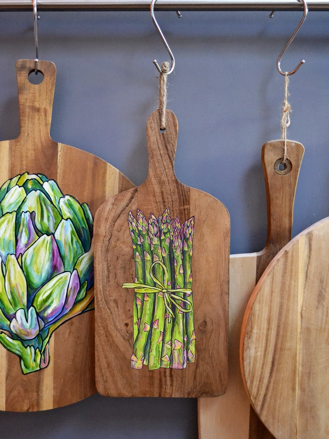 Asparagus design handpainted on wooden serving board