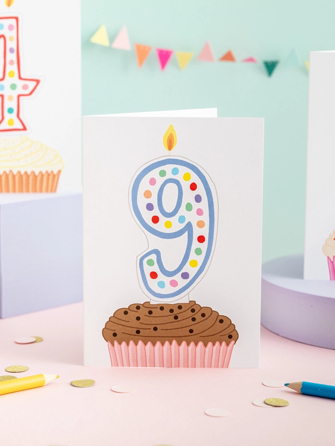 A sweet ninth birthday card featuring a cupcake and candle