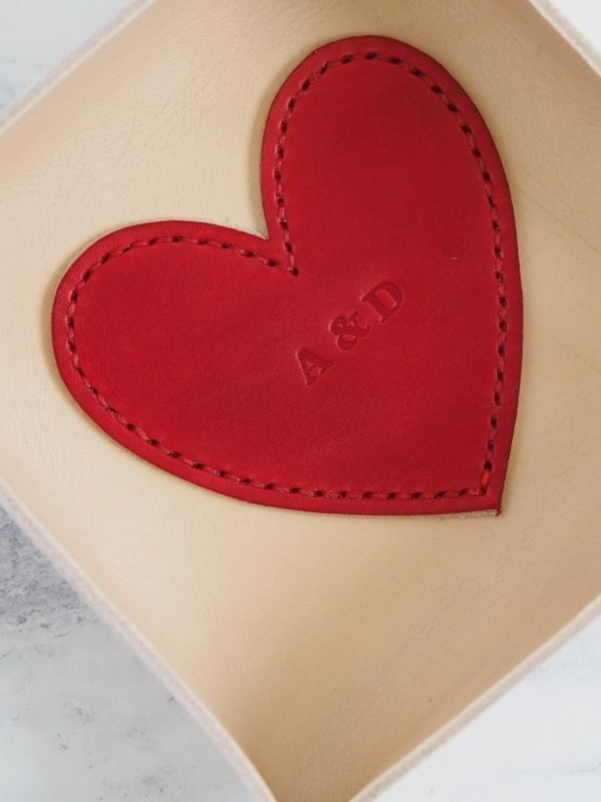 handmade leather personalised love heart coin tray