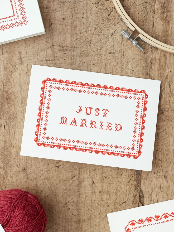 cross stitch just married card for weddings CS-MARRIED-RD.