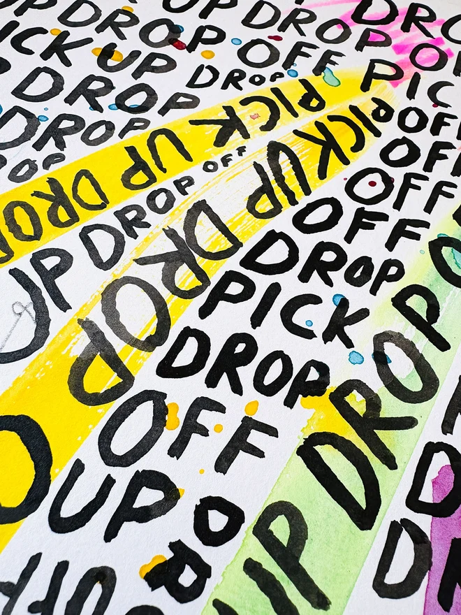 Pick Up Drop Off original artwork in ink, watercolour and pencil, by Chloe Lawson