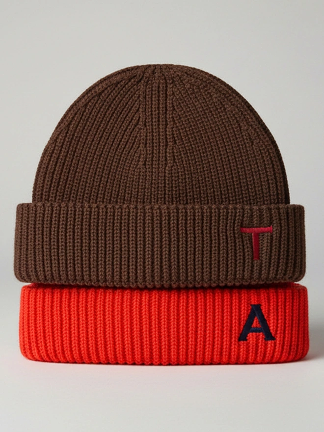 Personalised Embroidered Letter Beanie in Walnut and Red