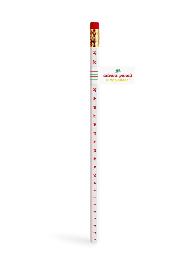 Odd Goose Stationery Advent Calendar Pencil foil printed in red seen standing on white background