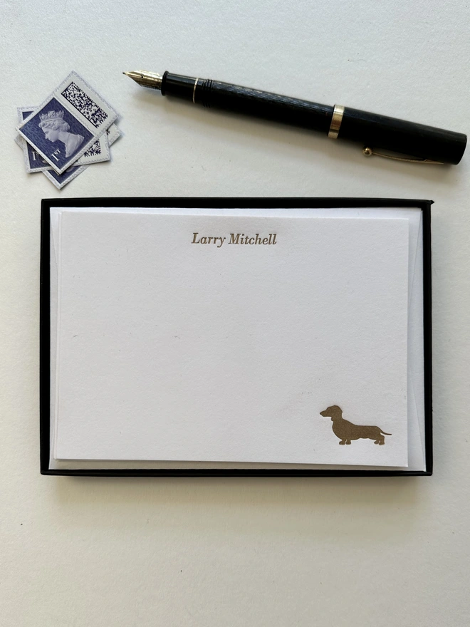 Dachshund notecards set in box with gold dachshund in bottom right corner