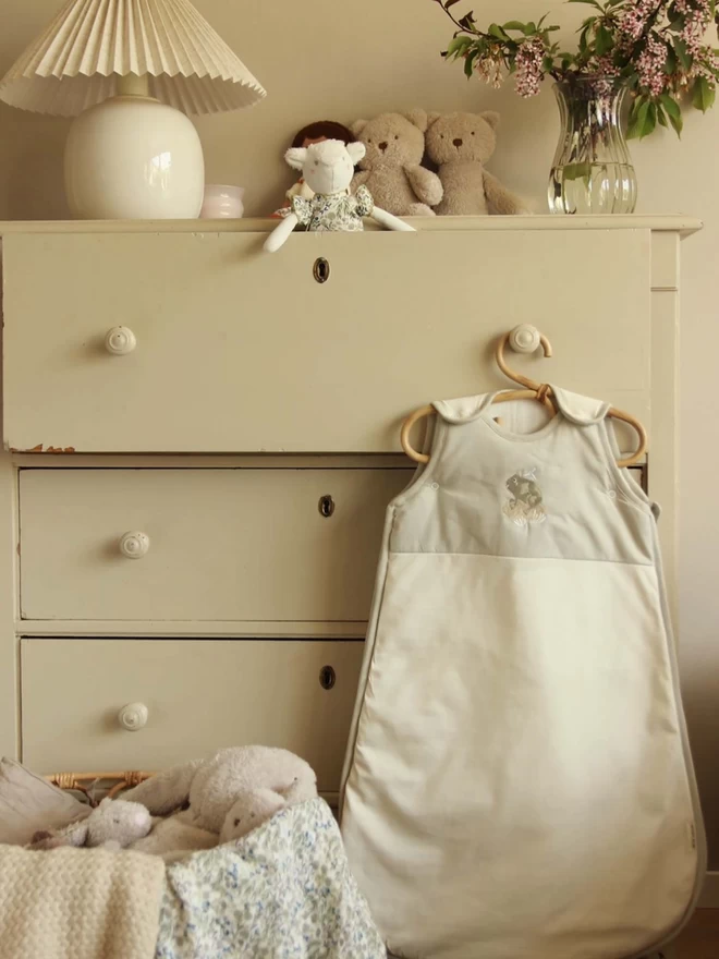 Baby sleeping bag in frog design hanging on a drawer