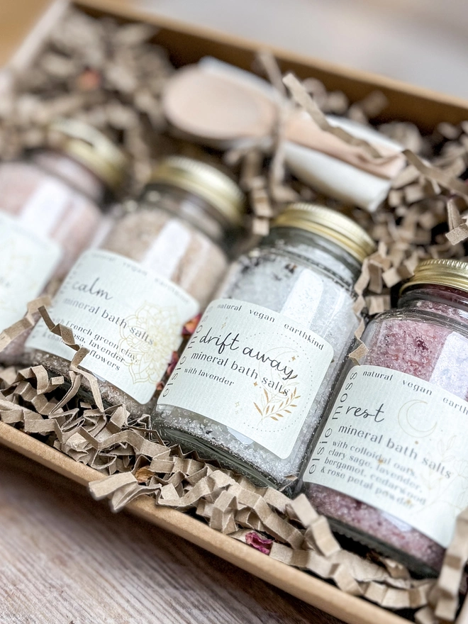 mini bath salts in glass jars gift set, presented in a lidded kraft box 2