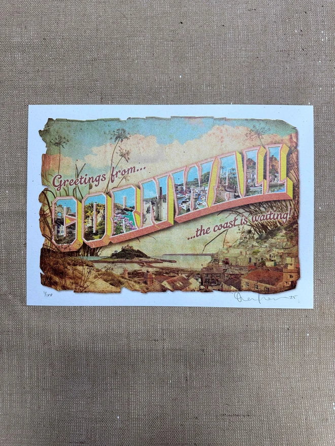 greetings from cornwall retro themed screenprint postcard
