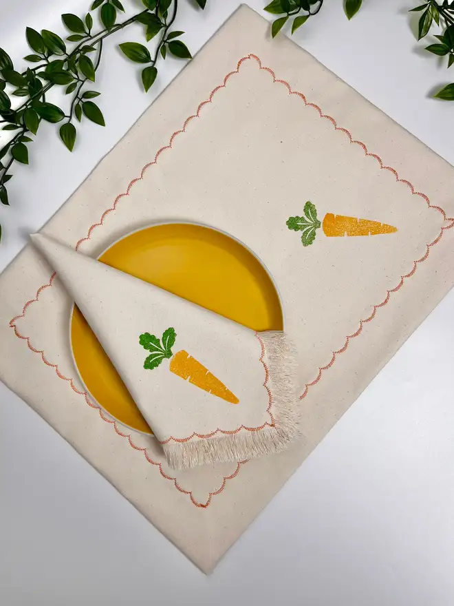 Block Printed Fringed Napkins Carrot (Set Of 2)
