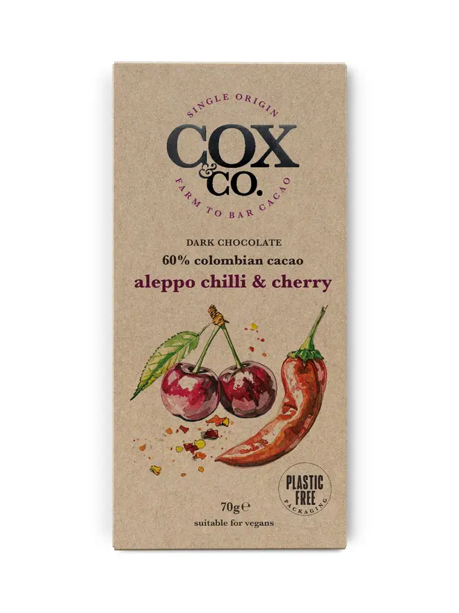 Aleppo Chilli & Cherry Chocolate Bar (Set Of 1, 2 Or 3), a chocolate bar sitting on a white surface. 
