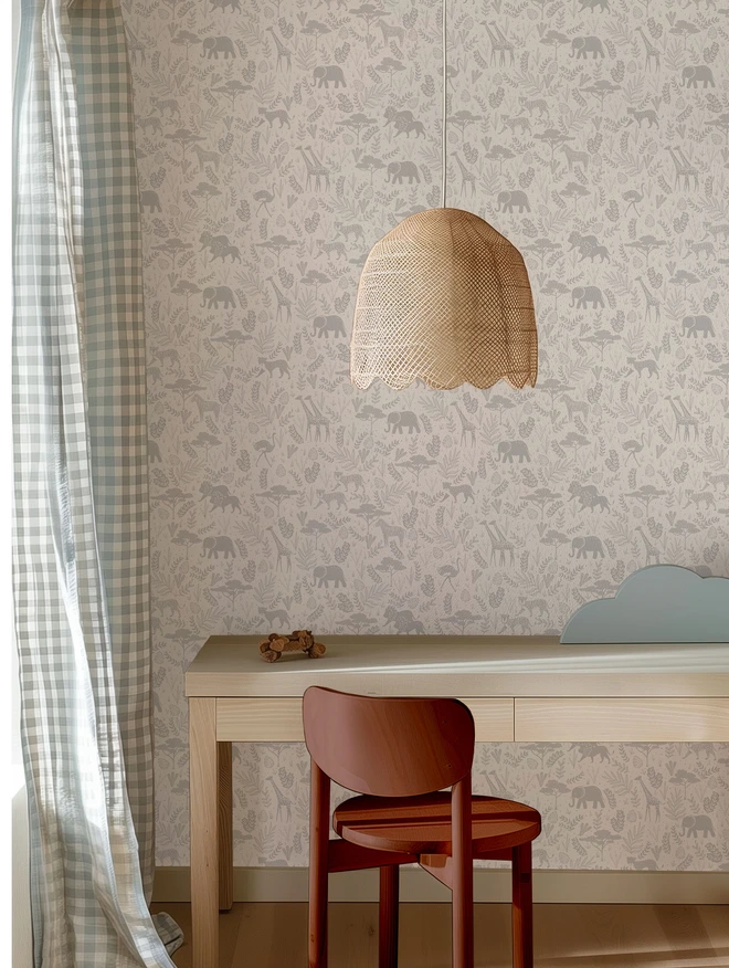 Boys bedroom desk with Ducks In A Row Wild Safari Wallpaper