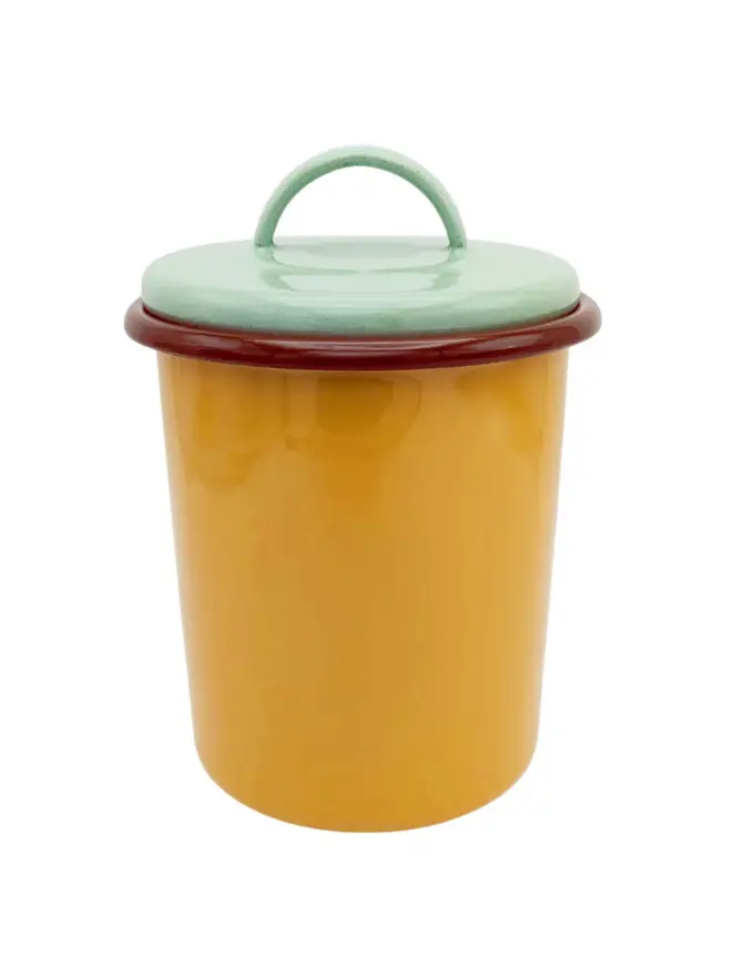 Enamel Storage Jar, a colourful enamel storage jar sitting on a plain white surface. 
