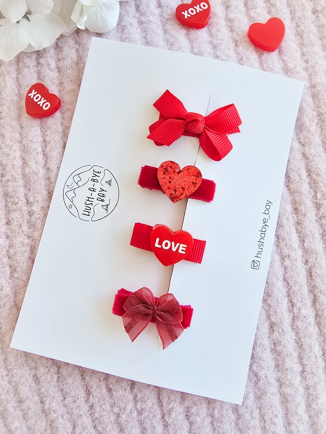red valentines hair clip set for girls