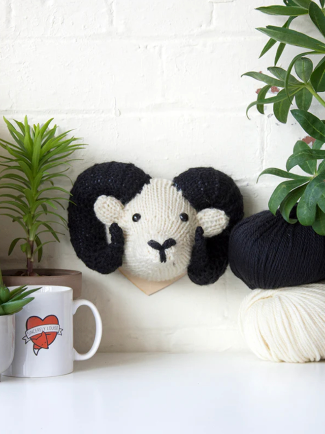 Mini Ram Head Knit Kit. A white and black ram’s head.