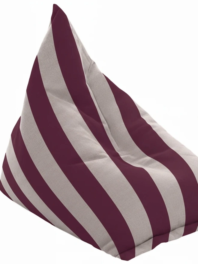 Hand Painted & Repurposed Linen Bean Bag Striped Chair, a colourful burgundy striped bean bag chair against a white background.