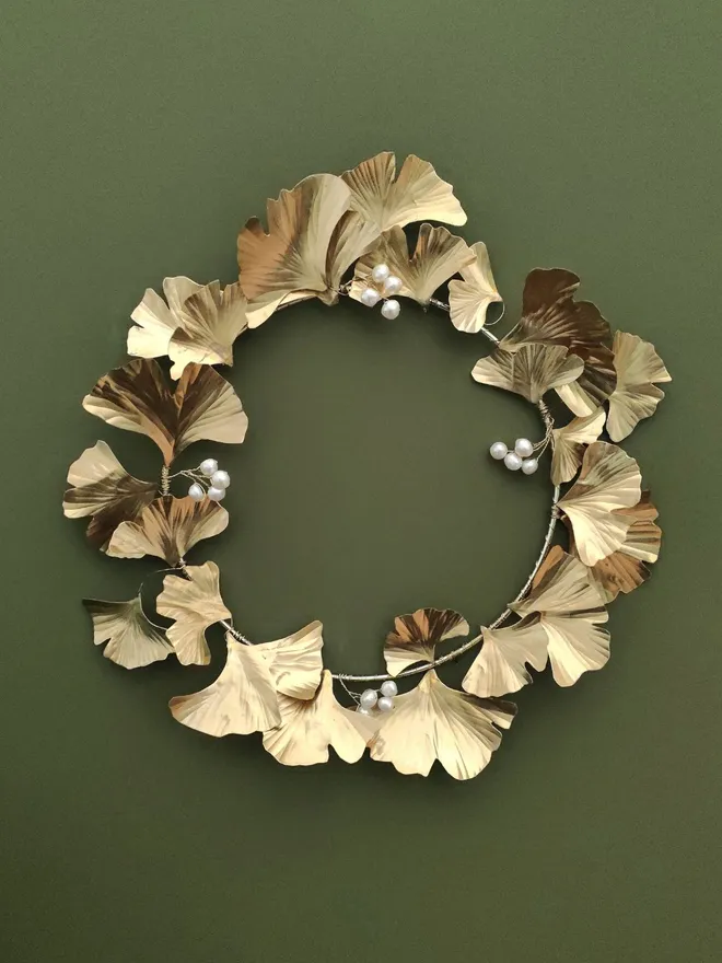 Brass Gingko Leaves Pearl Wreath