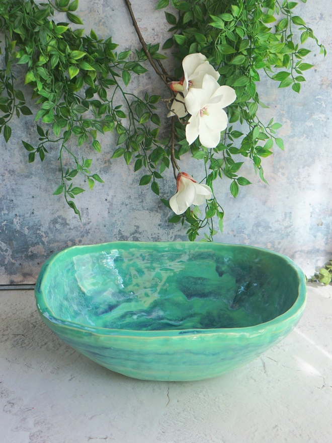 ceramic bathroom basin, ceramic sink, handcrafted sink, handcrafted basin, Jenny Hopps pottery, green basin, green sink