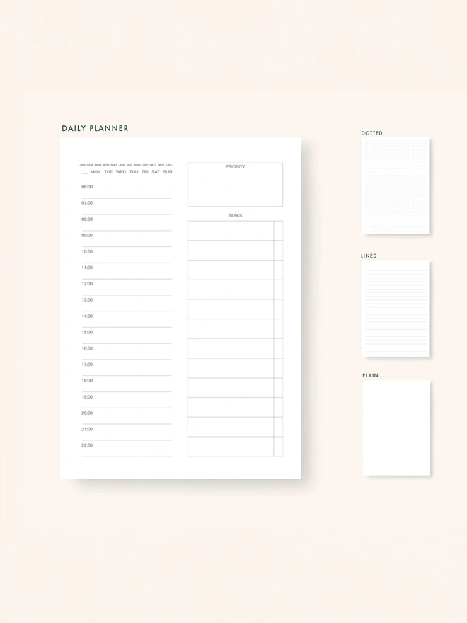 a daily planner paper template with the days of the week, months, and times of the day. With a section to right a to do list and write a priority task.