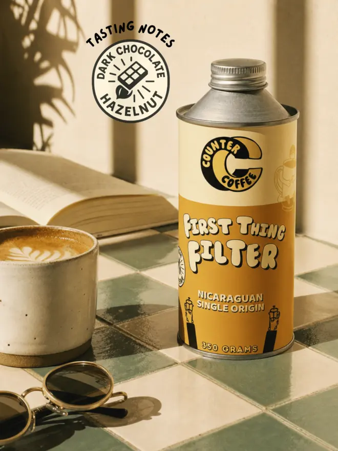 First Thing Filter. A tin of coffee from Counter Coffee.