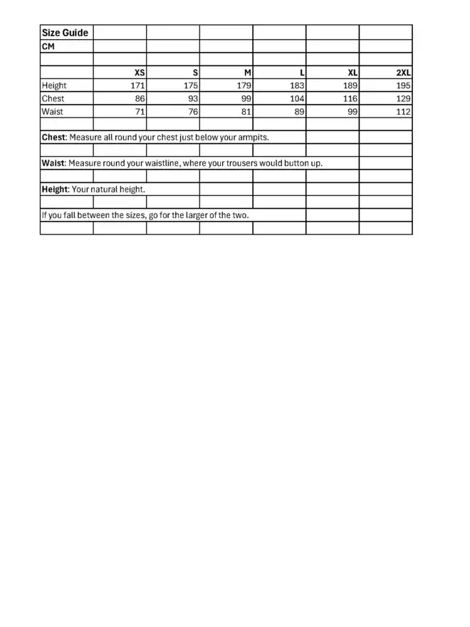 Unisex t-shirt size chart