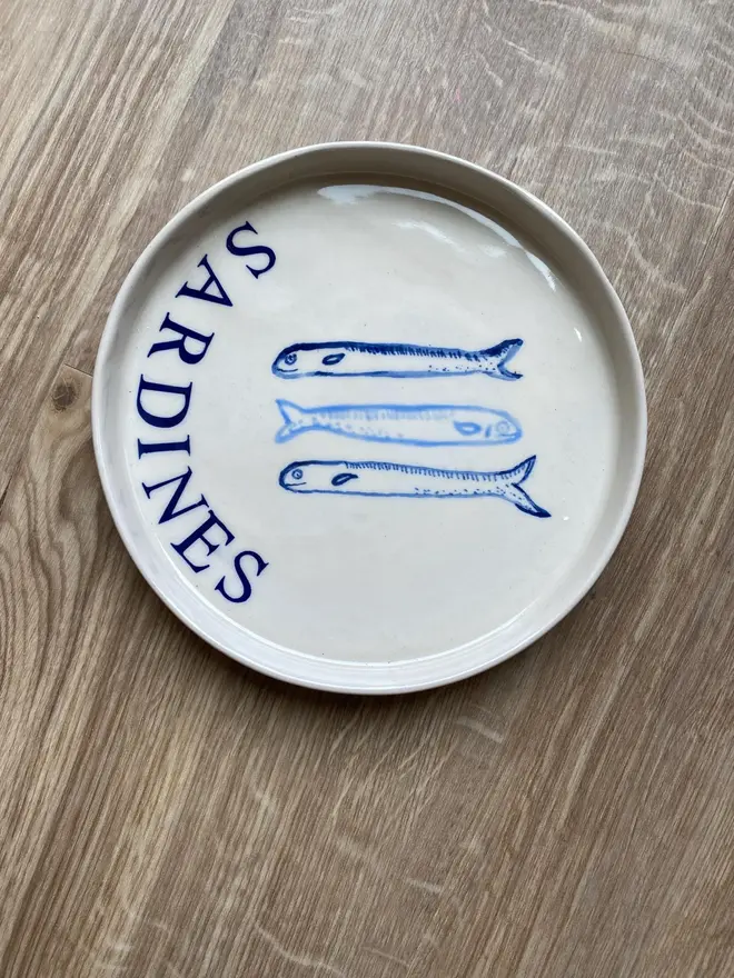 'Sardines' Ceramic Side Plate With 3 Blue Fish 