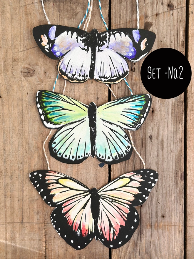 3 Hand Painted Butterflies. Set Of Linocut Wall Hangings. Set Number Two. Purple, Teal & Oranges