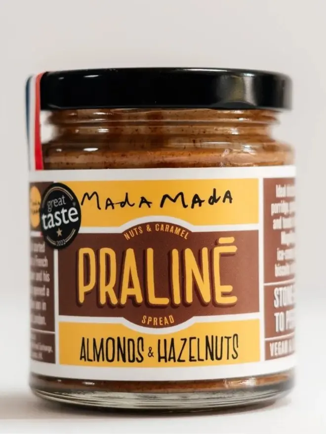 Almond & Hazelnut Praline Spread, against a white background. 