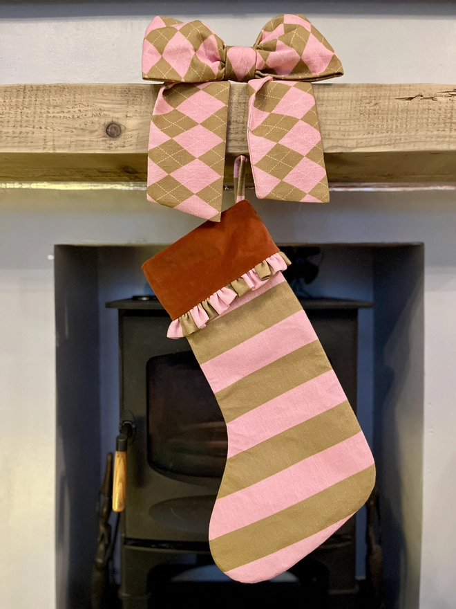 Pink and Olive Stripe with Rust Velvet Cuff and Ruffle