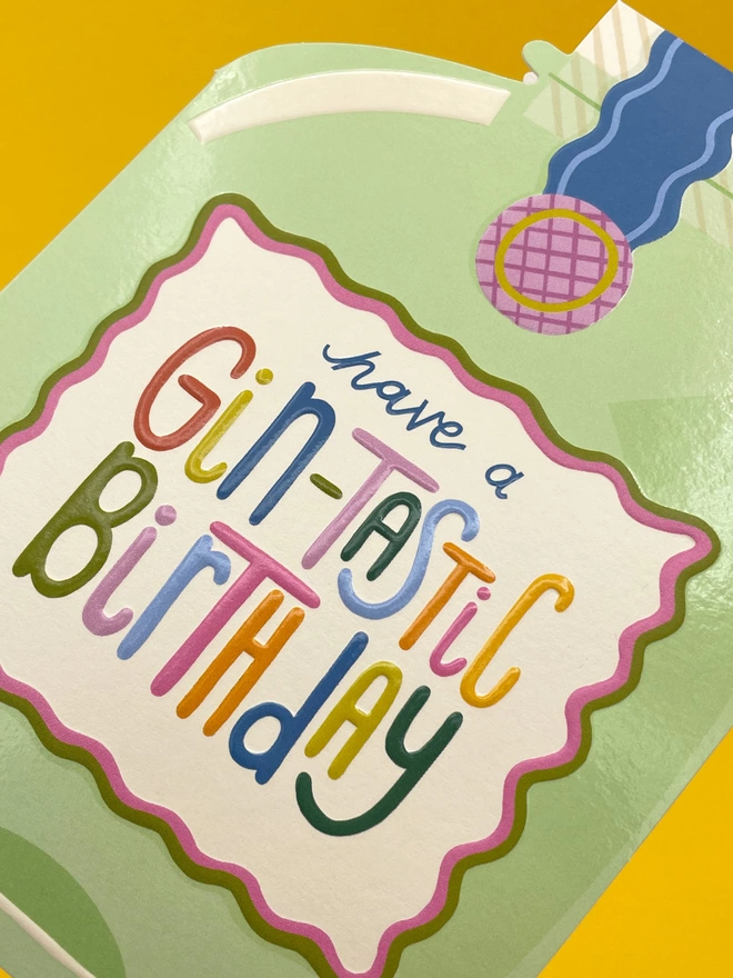 A closer look at the detail on the die cut birthday card, the card has a spot UV finish so the multi-coloured birthday message really pops