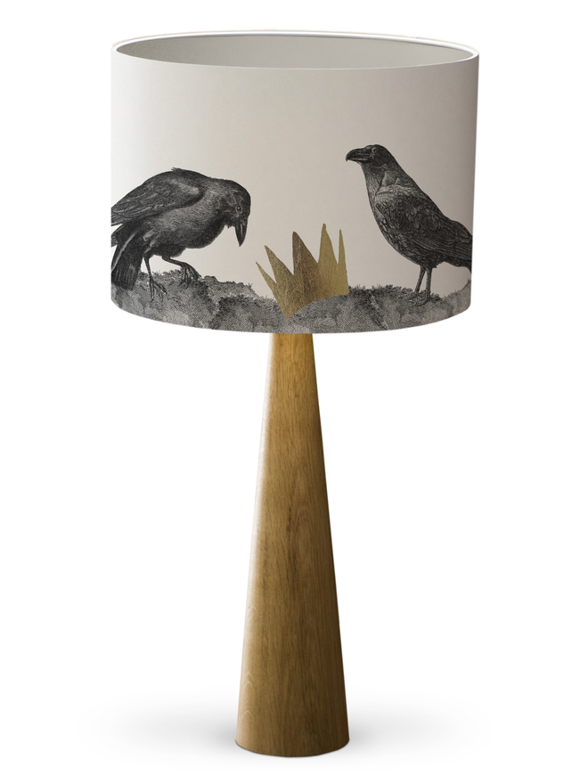 Mountain and Molehill – Ravens Lampshade on a lamp base with a white inner