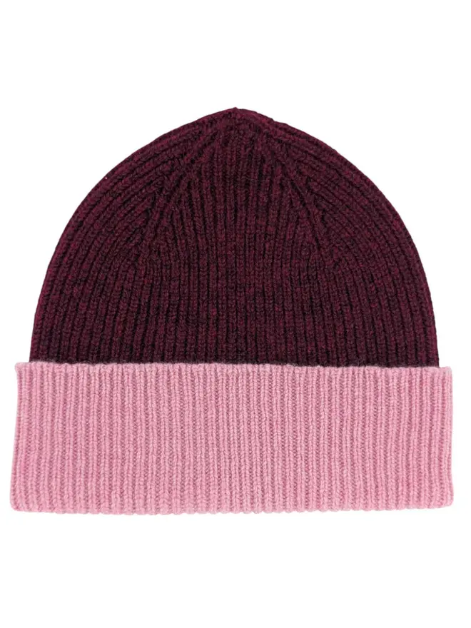 Ribbed Lambswool Women's Beanie, a colourful beanie sitting on a white plain surface. 