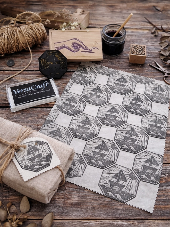 Fabric printing kit with versacraft ink pad and carving tools in a wooden box