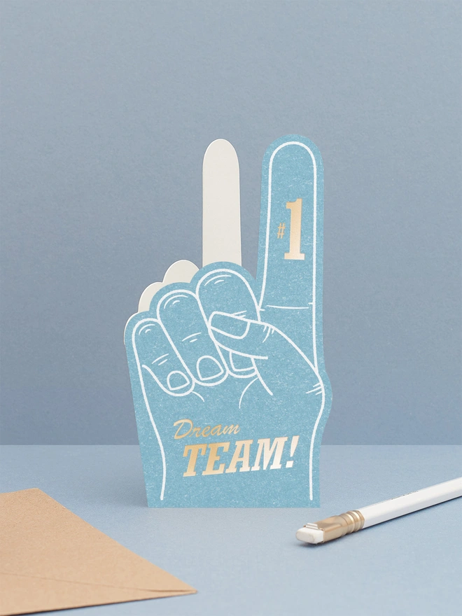 blue-foam-finger-greeting-card-with-hot-foil-dream-team-for-best-friend-or-valentines