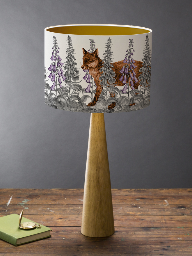 Mountain and Molehill - Foxes in Foxgloves lampshade on wood base