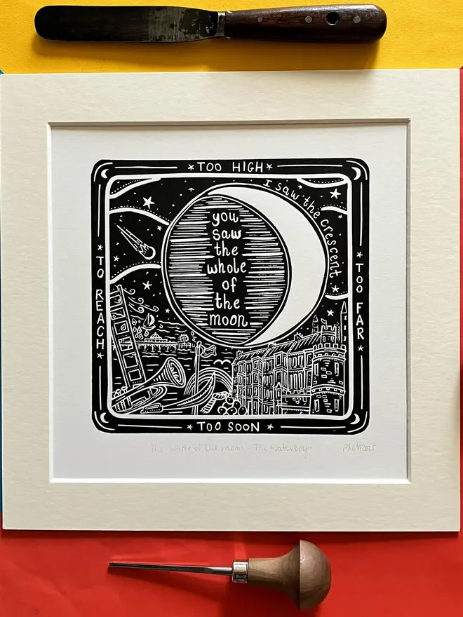 waterboys whole of the moon lyric lino print