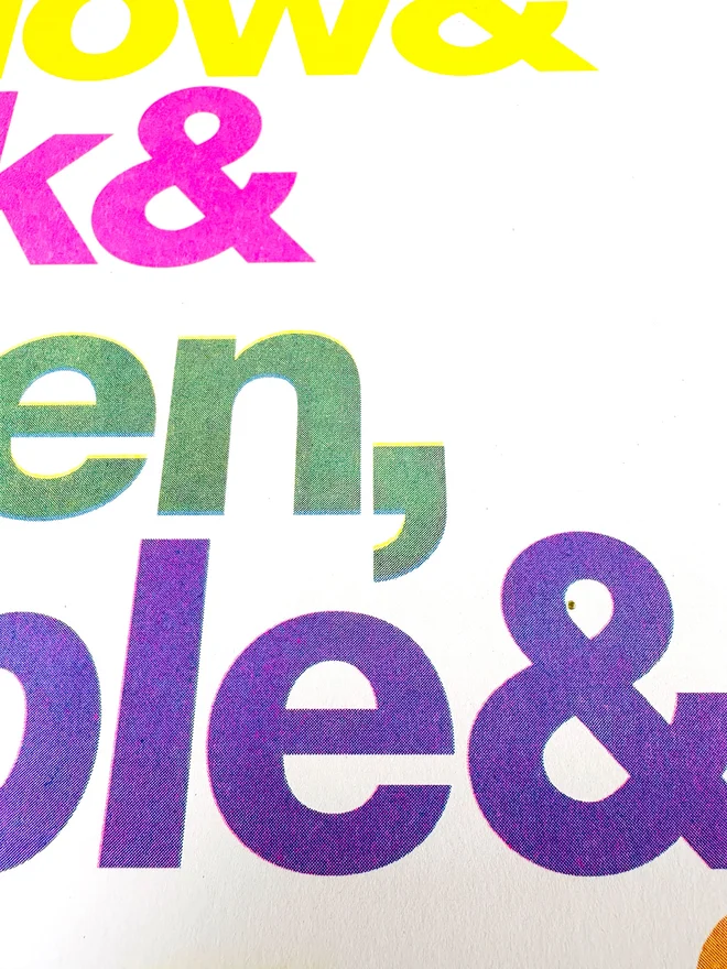 Typographic rainbow 4 colour risograph print on recycled paper