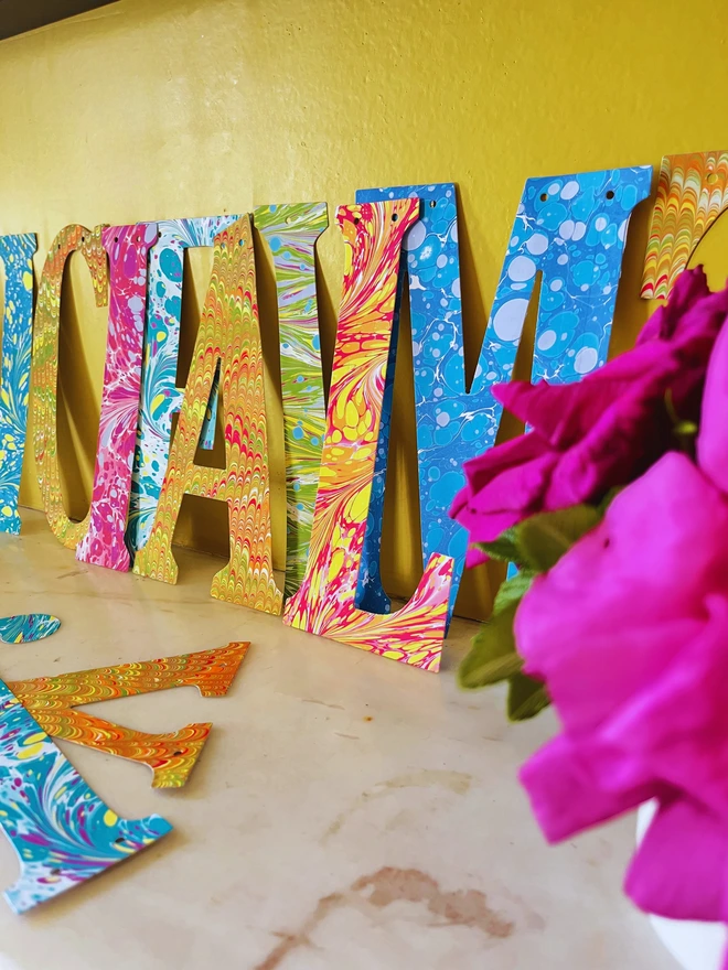 Hand-marbled name letters