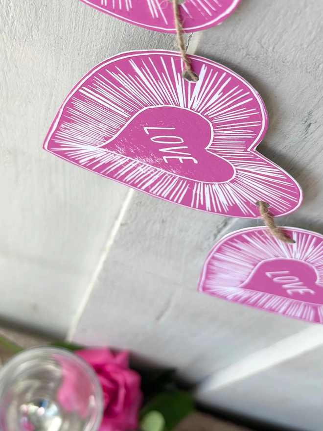 Heart Garland With Love Text Linocut Hanging Decoration