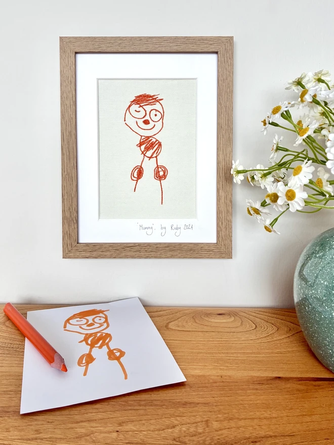 Bespoke children's drawing as a bespoke embroidered artwork