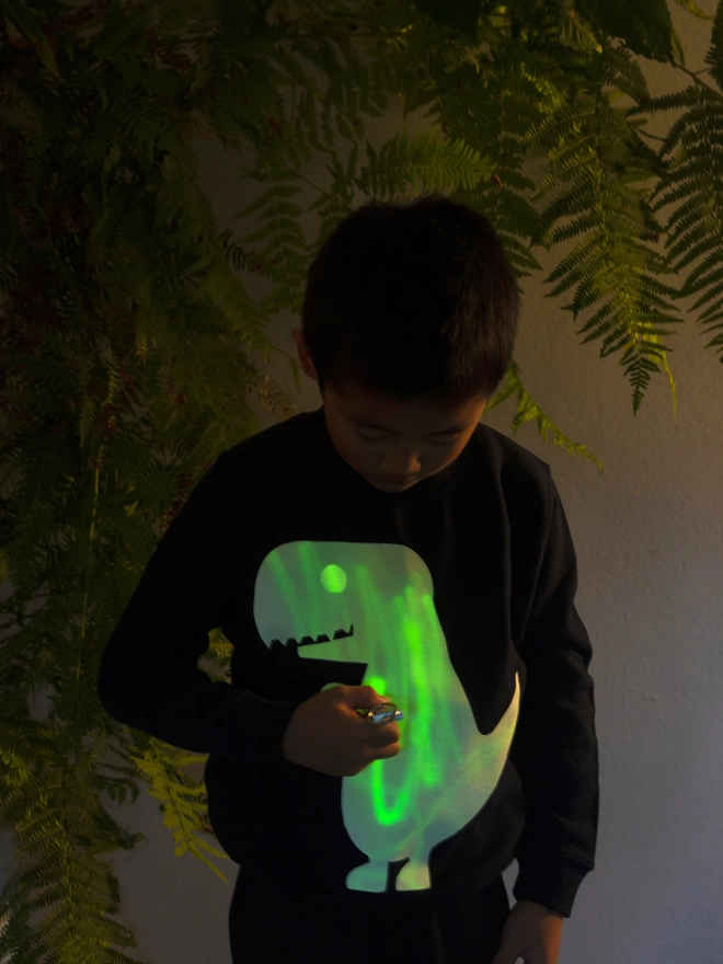 Boy drawing with torch on glow in the dark tree sweat