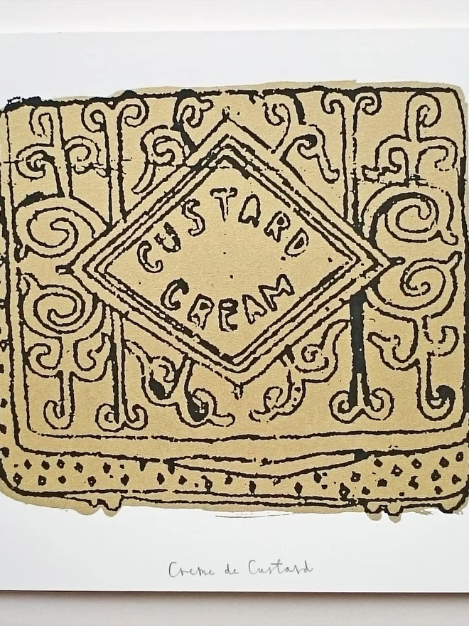 A4 Custard Cream Screenprint Creme De Custard, a custard creme design on a white screenprint. 