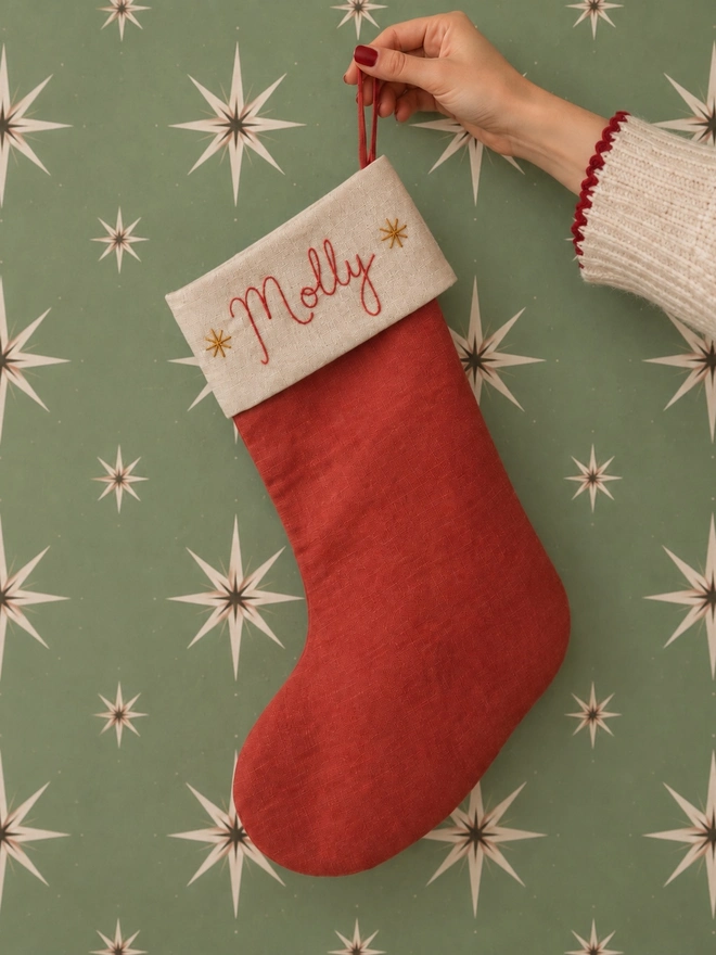 Red Linen stocking - personalised embroidered name, gold stars and candy cane 