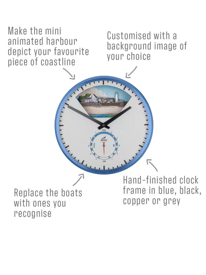 Bramwell Brown Tide Clock infographic describing the customisation options of (1.) harbour background (2.) boats and (3.) surround colour