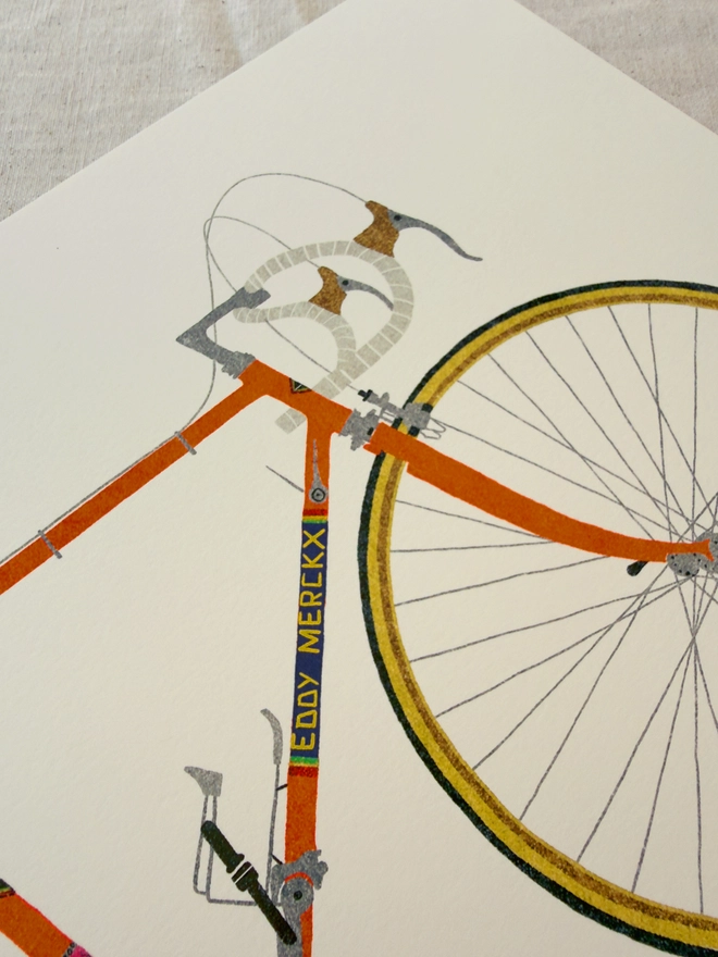 Vintage Orange Bicycle print close up