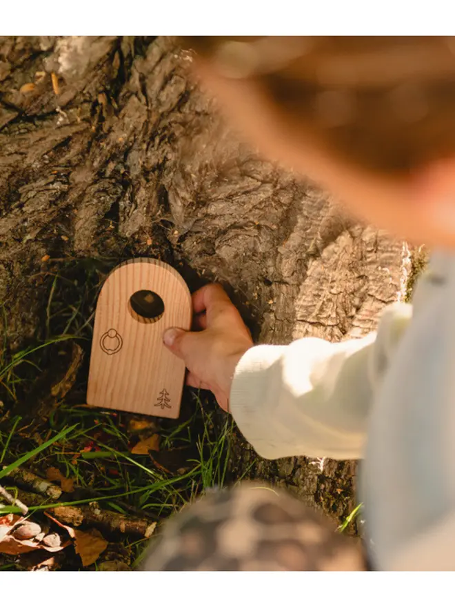 child placing wooden fairy door by a tree trunk