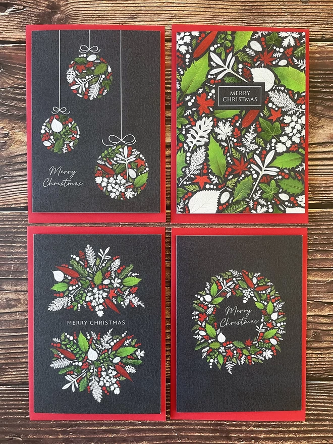Set of 4 Christmas Cards with Unique Pressed Winter Leaf Designs - Laid on Red Envelopes - Vintage Wooden Tabletop